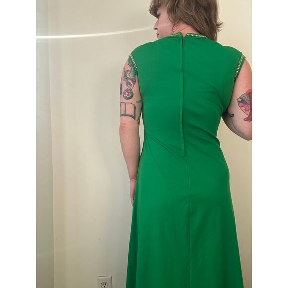 1970s 70s vintage Kelly green maxi dress rhinestones party cocktail gown disco - Picture 6 of 7